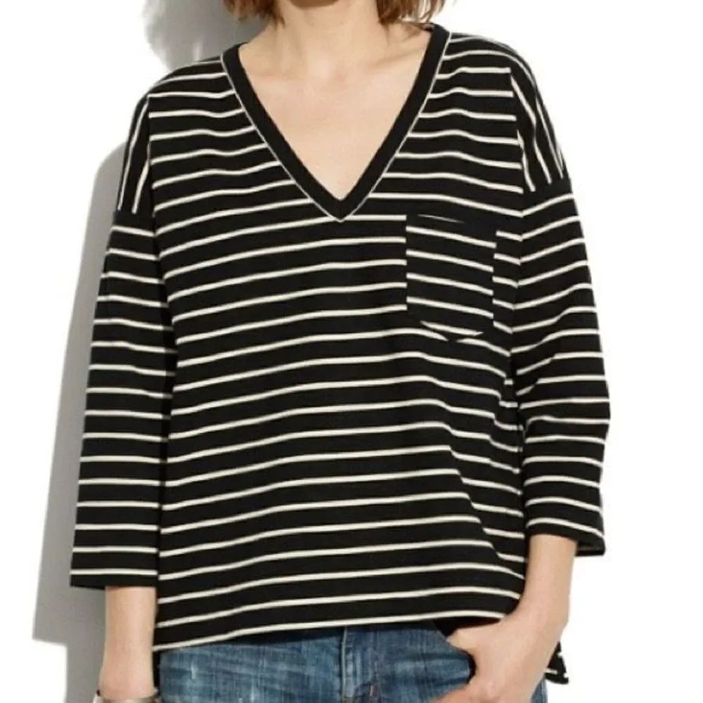 Madewell cotton Striped V-neck Ponte Top w/ Zipper Detail on both sides size M